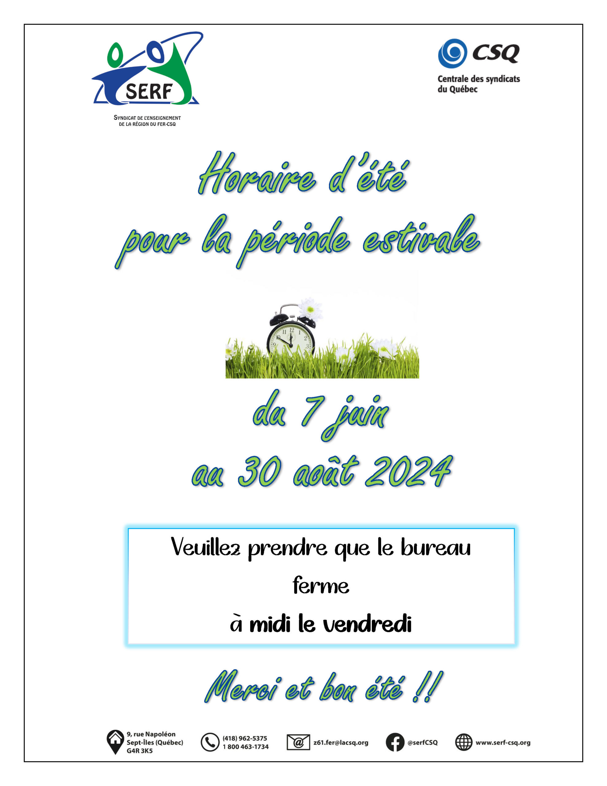 Horaire d’été 2024 – Bureau SERF-CSQ | SERF (FSE-CSQ)